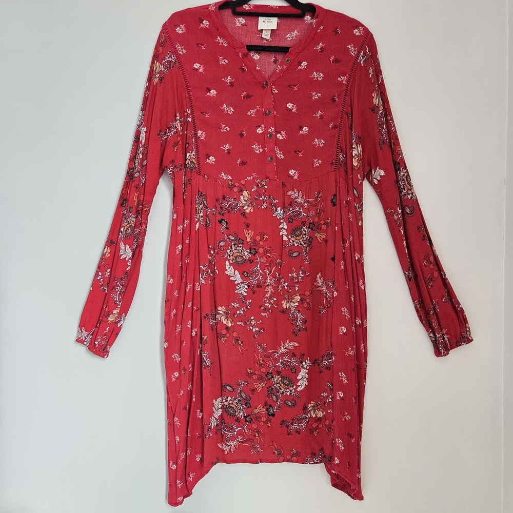 Knox Rose 100% Rayon Brick Red Floral Paisley Boho Midi Dress Size L W/ Pockets